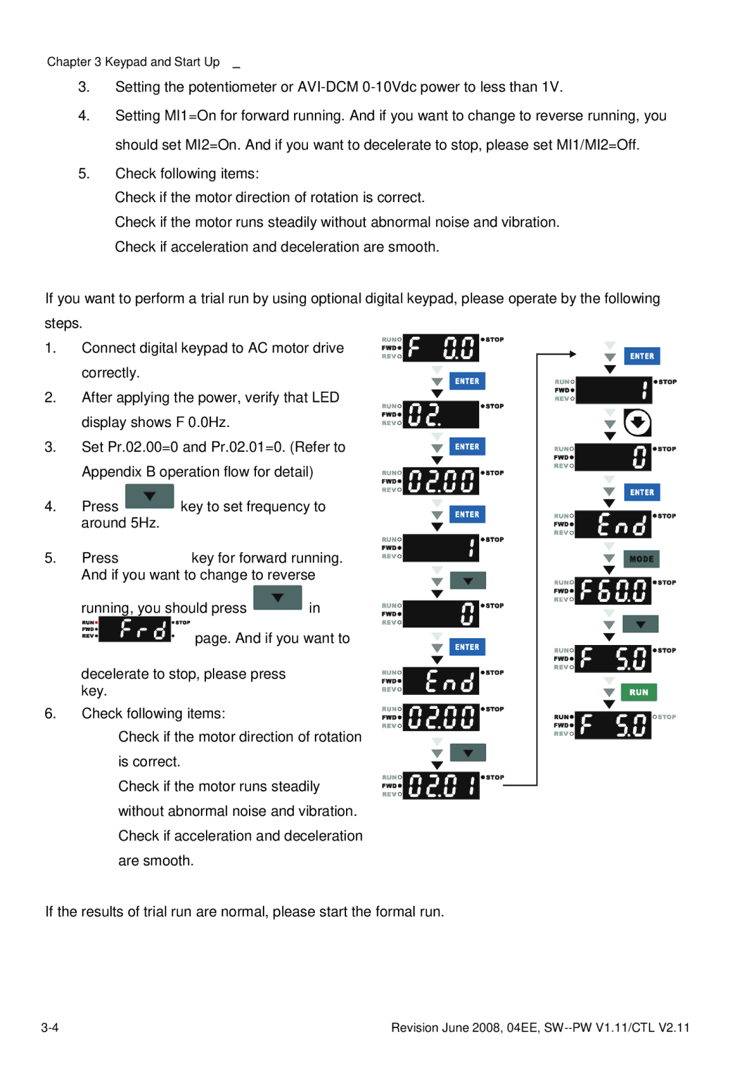 Delta Electronics VFD-E manual Check if the motor runs steadily 