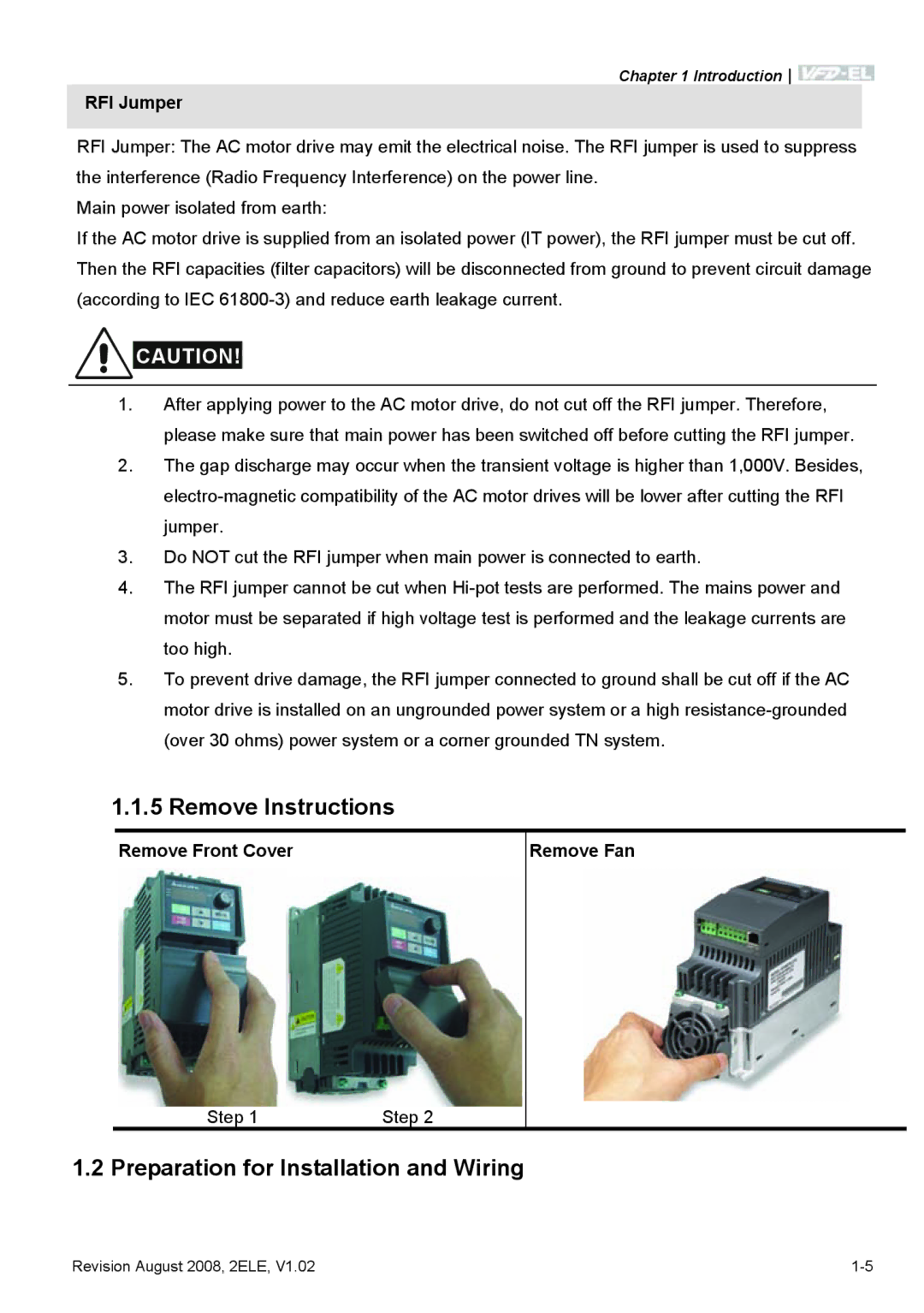 Delta Electronics VFD-EL manual Remove Instructions, Preparation for Installation and Wiring, RFI Jumper 