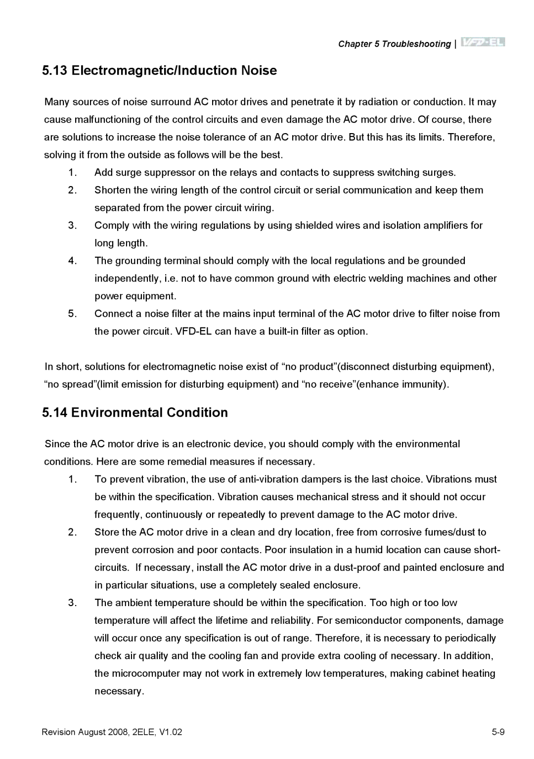 Delta Electronics VFD-EL manual Electromagnetic/Induction Noise, Environmental Condition 