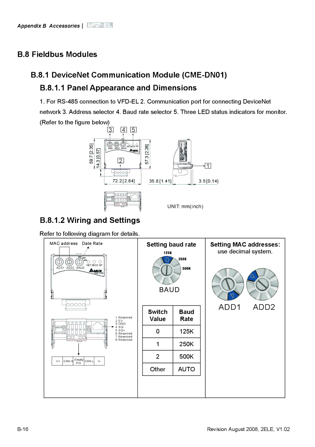 Delta Electronics VFD-EL manual Wiring and Settings, Setting baud rate, Switch Baud Value Rate, Setting MAC addresses 