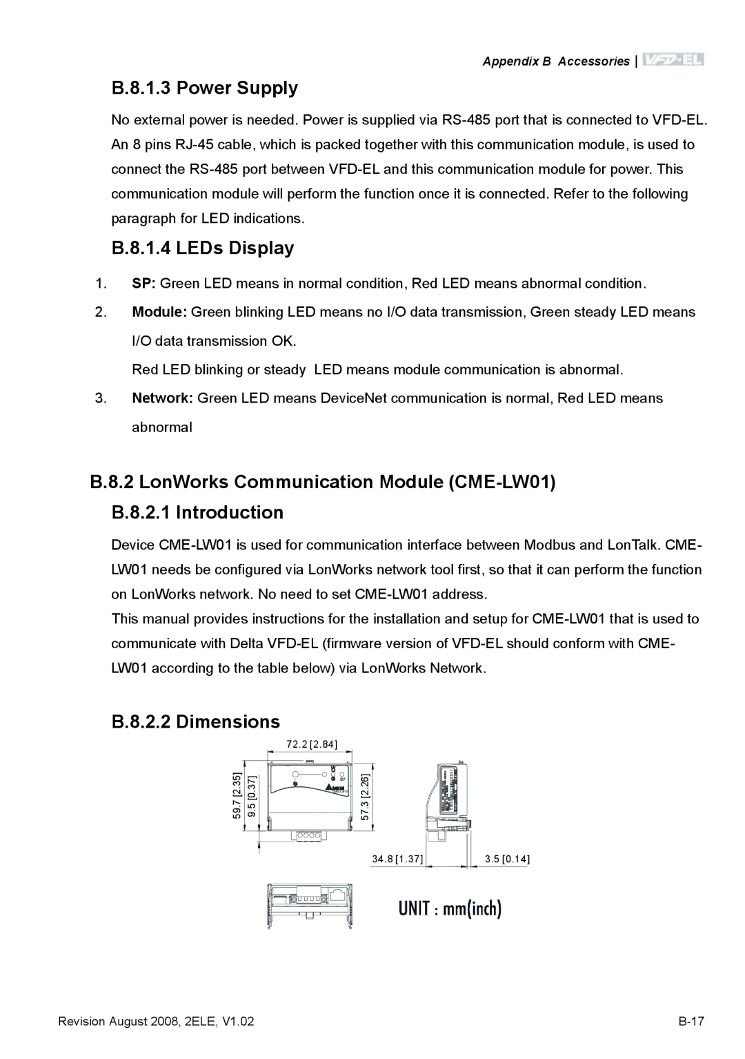 Delta Electronics VFD-EL manual Power Supply, LEDs Display, LonWorks Communication Module CME-LW01 B.8.2.1 Introduction 