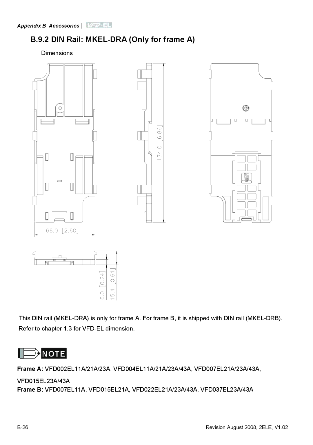 Delta Electronics VFD-EL manual DIN Rail MKEL-DRA Only for frame a 