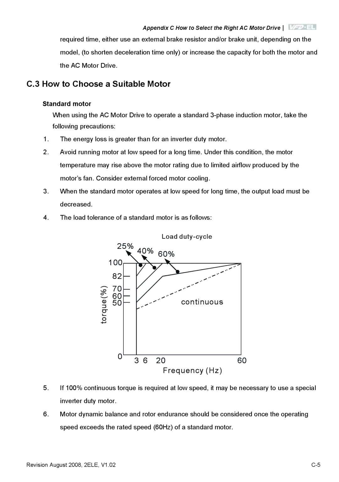 Delta Electronics VFD-EL manual How to Choose a Suitable Motor, Standard motor 