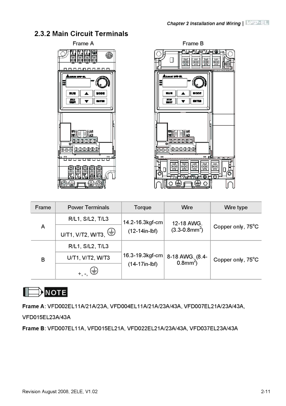 Delta Electronics VFD-EL manual Main Circuit Terminals 