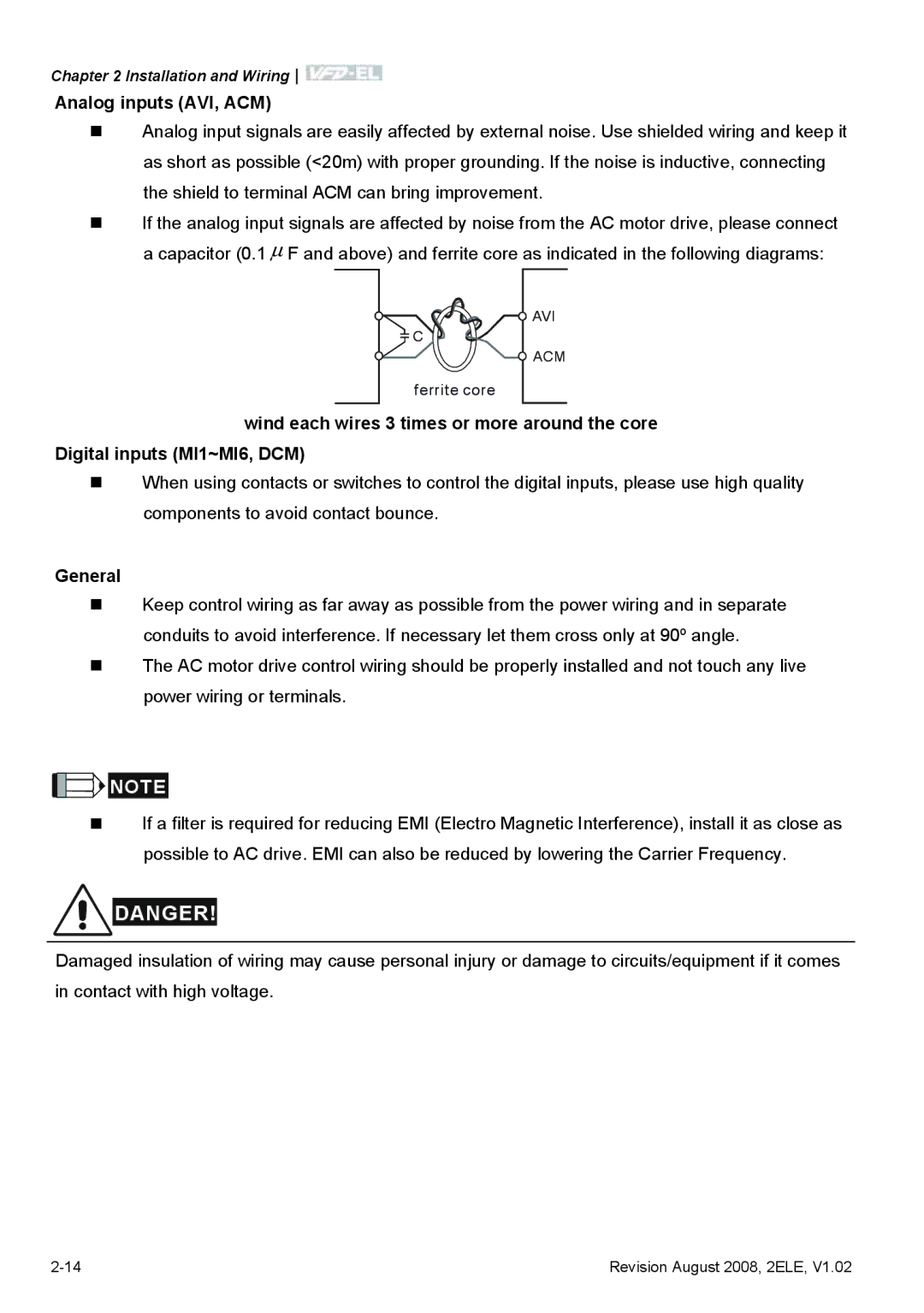 Delta Electronics VFD-EL manual Analog inputs AVI, ACM, General 