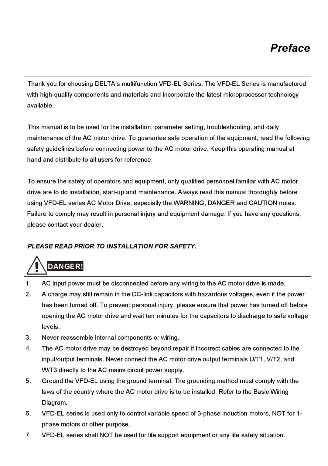 Delta Electronics VFD-EL manual Preface 