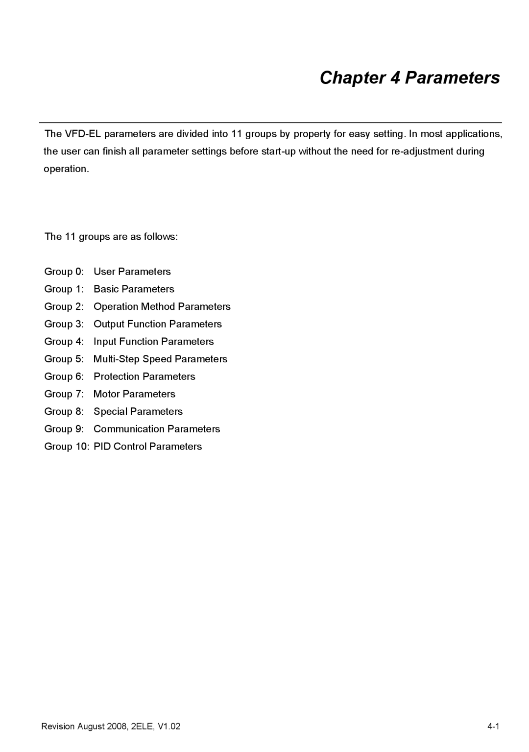 Delta Electronics VFD-EL manual Parameters 