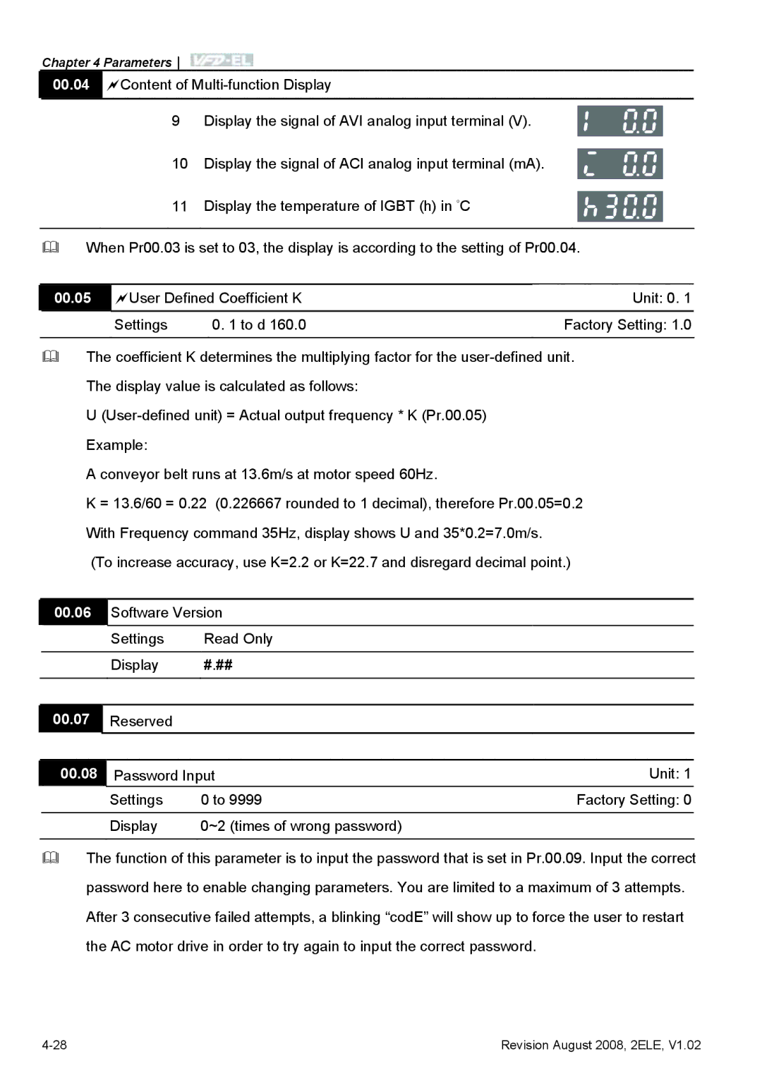 Delta Electronics VFD-EL manual 00.05, 00.08 