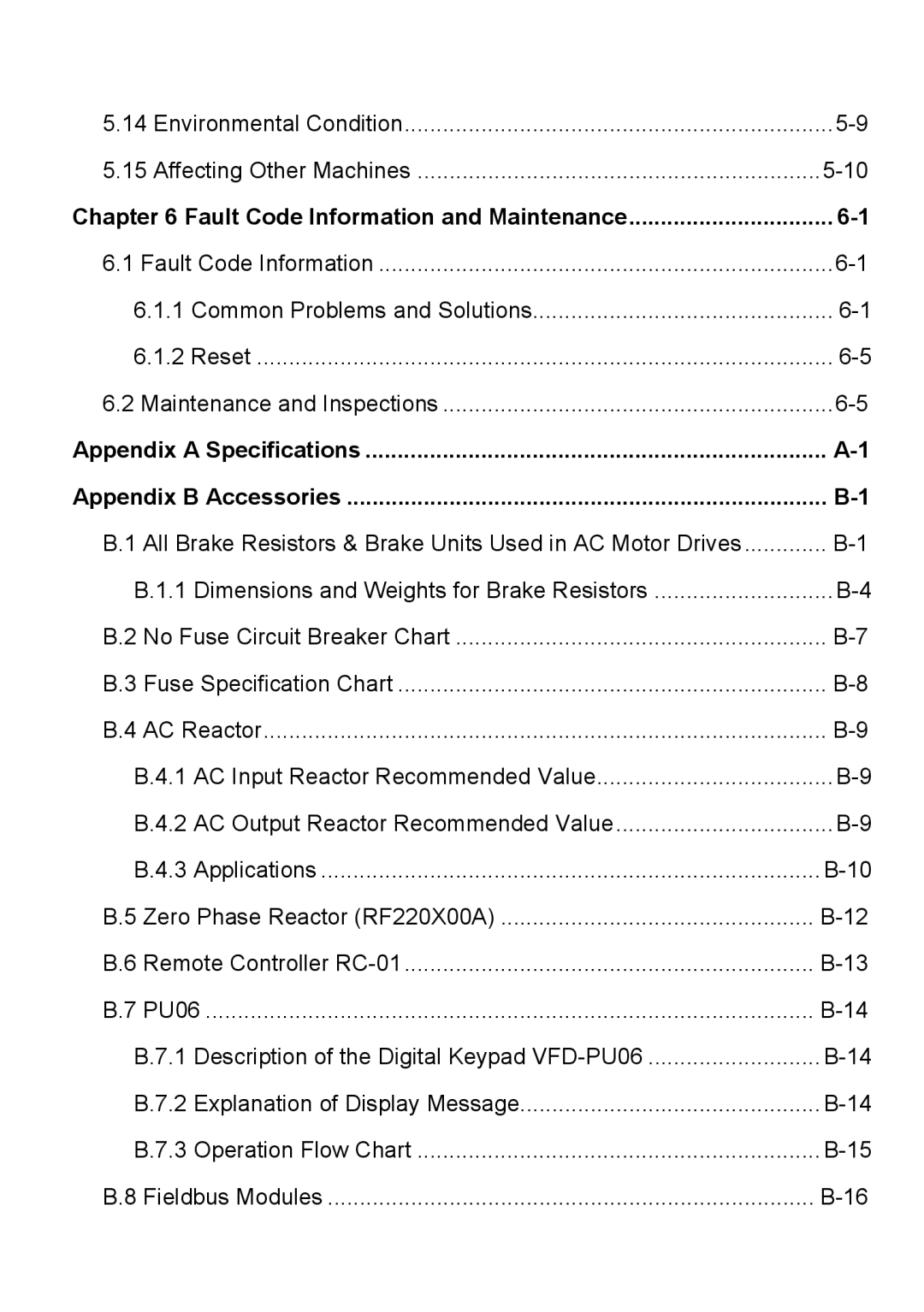 Delta Electronics VFD-EL manual Fault Code Information and Maintenance, Appendix a Specifications Appendix B Accessories 