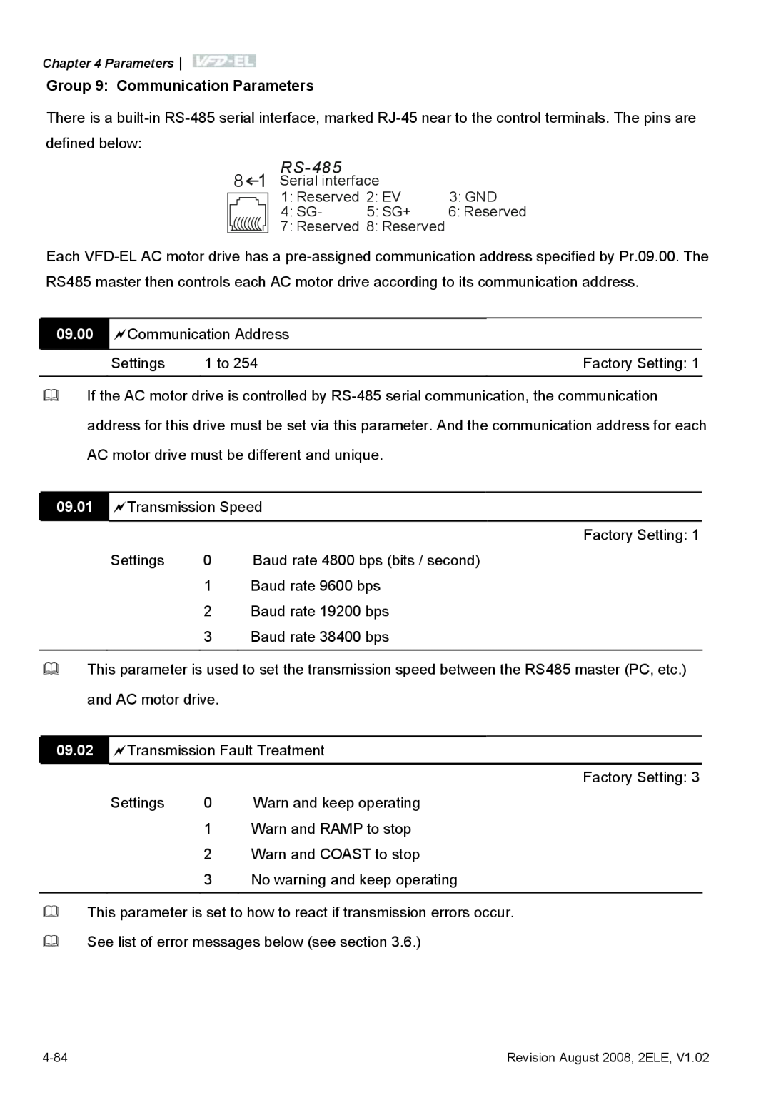 Delta Electronics VFD-EL manual RS-485, Group 9 Communication Parameters, 09.00 