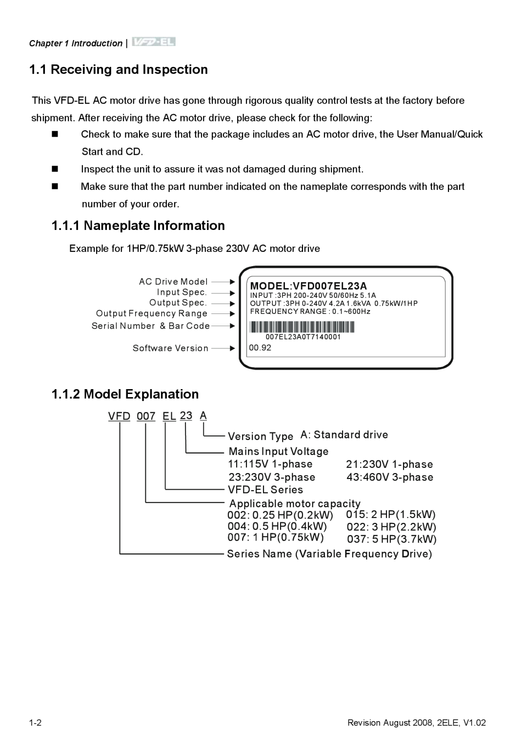 Delta Electronics VFD-EL manual Receiving and Inspection, Nameplate Information, Model Explanation 