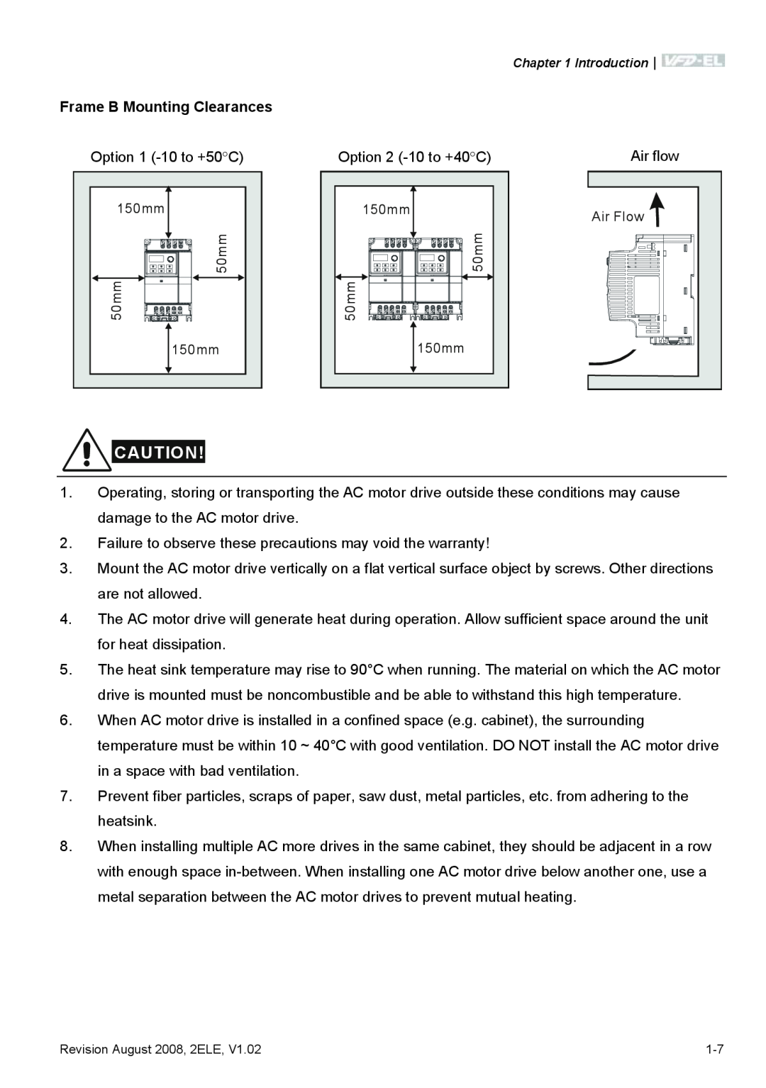 Delta Electronics VFD-EL manual Frame B Mounting Clearances 