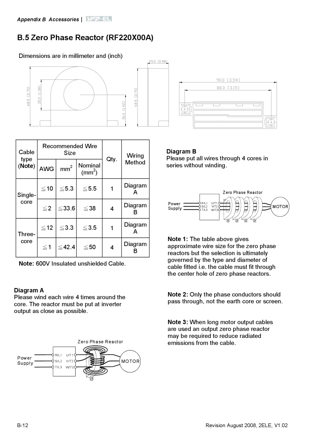 Delta Electronics VFD-EL manual B.5 Zero Phase Reactor RF220X00A, Diagram A, Diagram B 