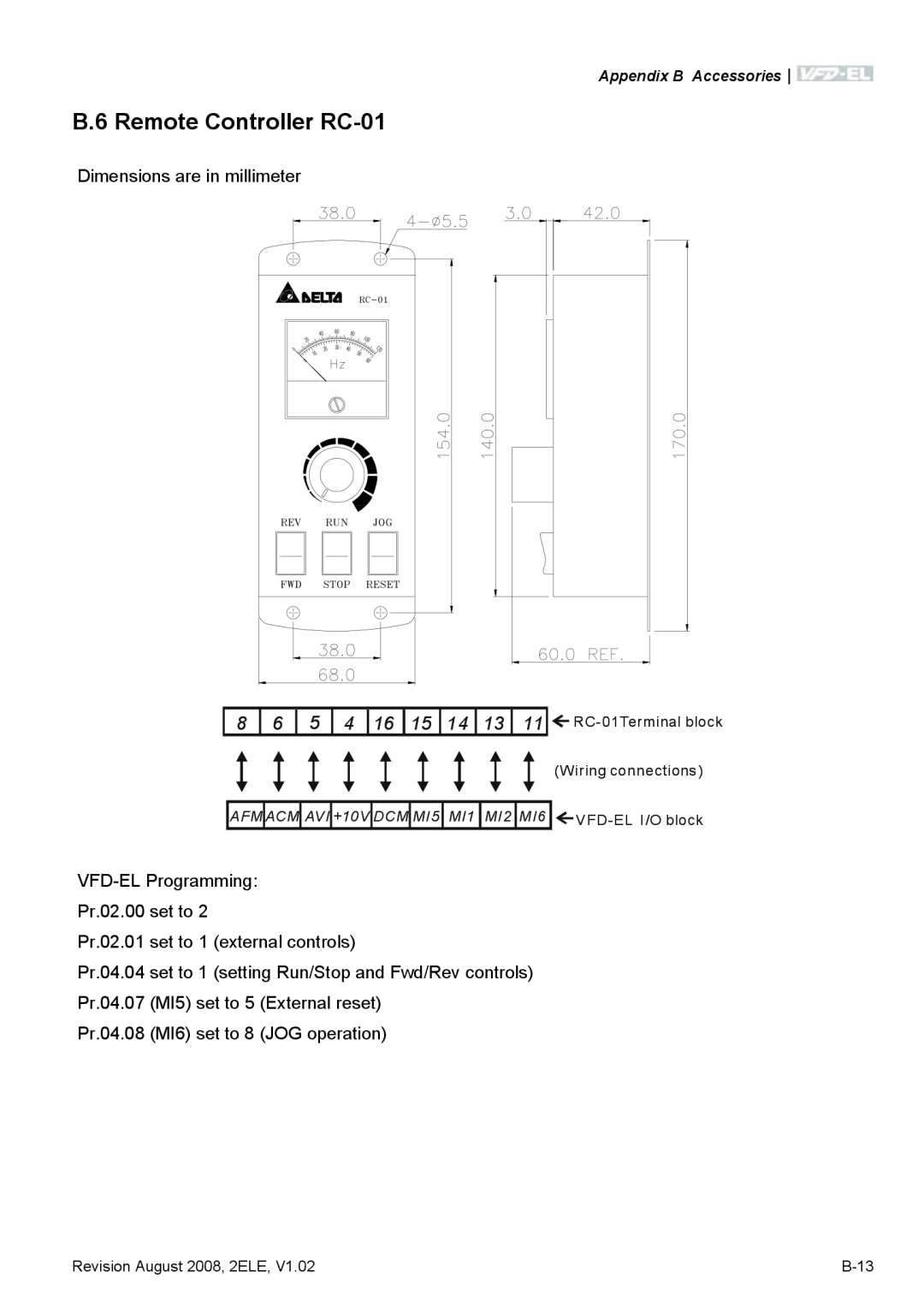 Delta Electronics VFD-EL manual B.6 Remote Controller RC-01, 8 6 5 4 16 15 14 13 11 RC-01Terminal block 