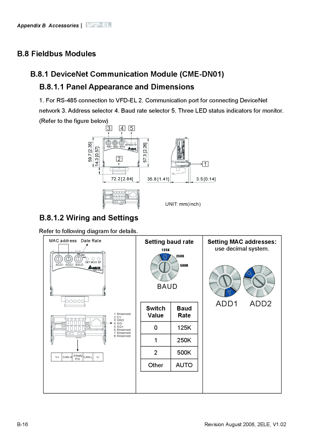 Delta Electronics VFD-EL B.8 Fieldbus Modules B.8.1 DeviceNet Communication Module CME-DN01, B.8.1.2 Wiring and Settings 