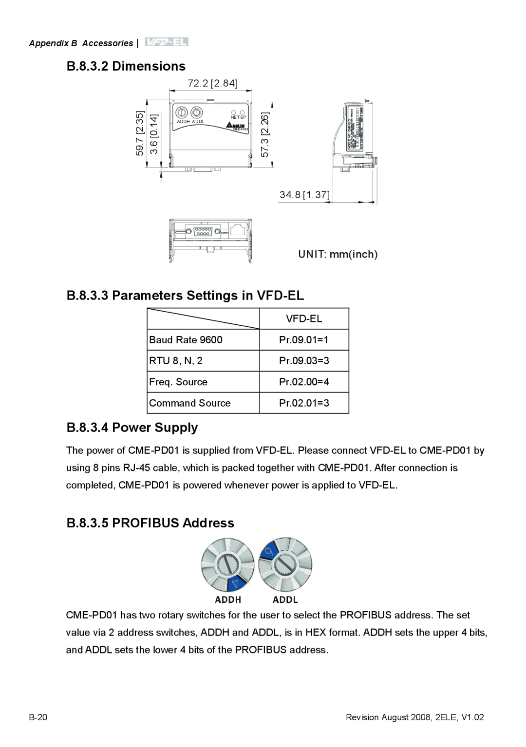 Delta Electronics manual B.8.3.2 Dimensions, B.8.3.3 Parameters Settings in VFD-EL, B.8.3.4 Power Supply, UNIT mminch 