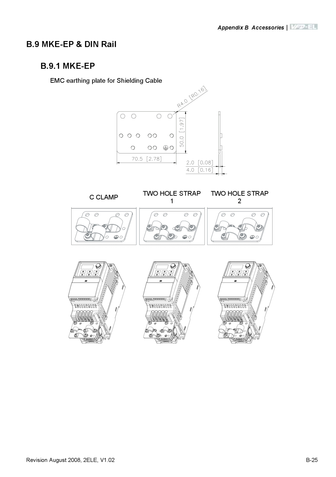 Delta Electronics VFD-EL manual B.9 MKE-EP & DIN Rail B.9.1 MKE-EP, EMC earthing plate for Shielding Cable, C Clamp, B-25 