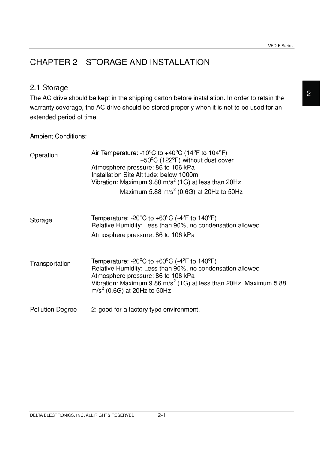 Delta Electronics VFD-F Series manual Storage, Ambient Conditions 