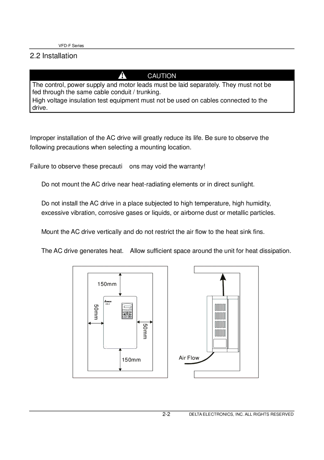 Delta Electronics VFD-F Series manual Installation, Failure to observe these precautions may void the warranty 