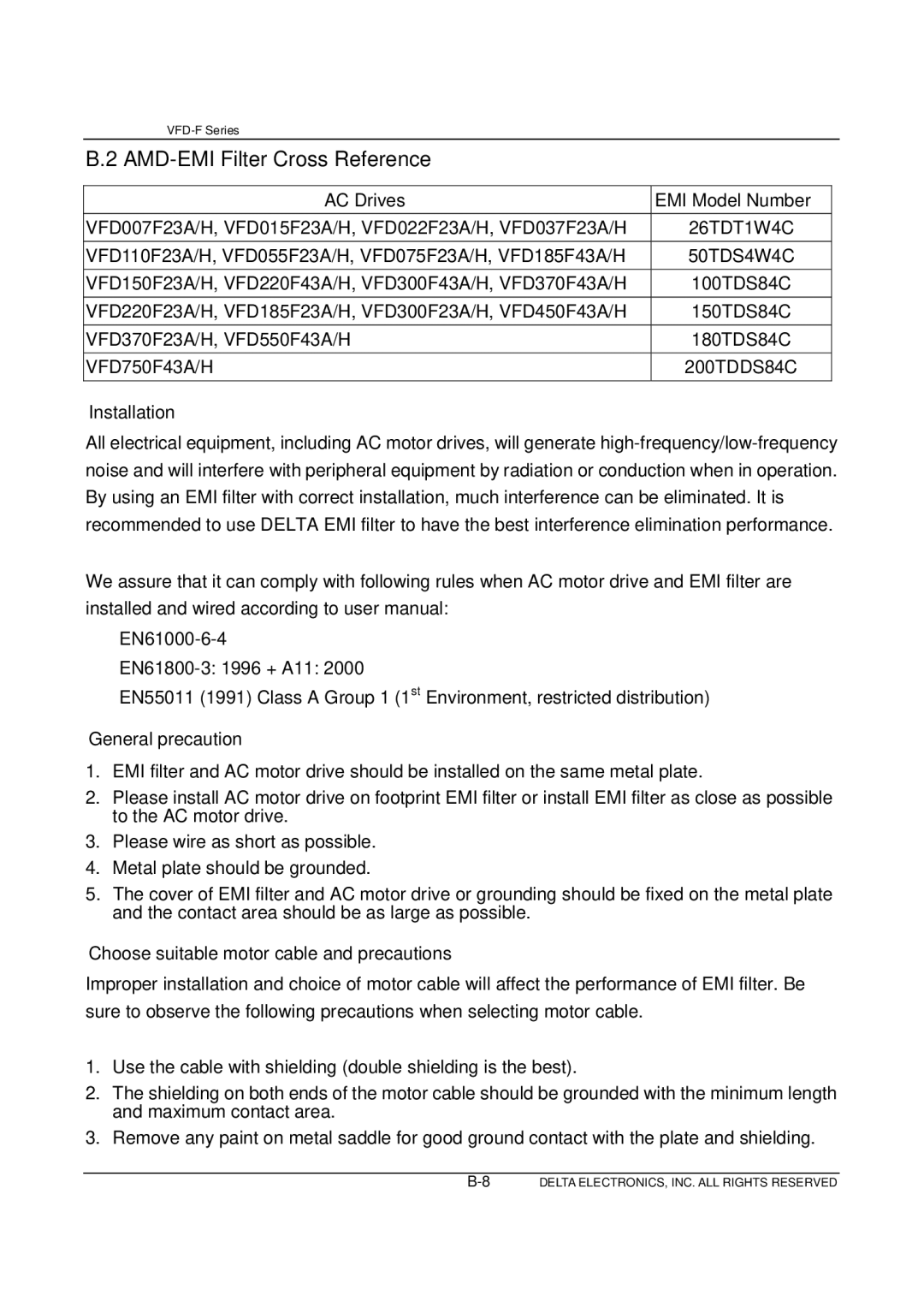 Delta Electronics VFD-F Series manual AMD-EMI Filter Cross Reference, Installation, General precaution 