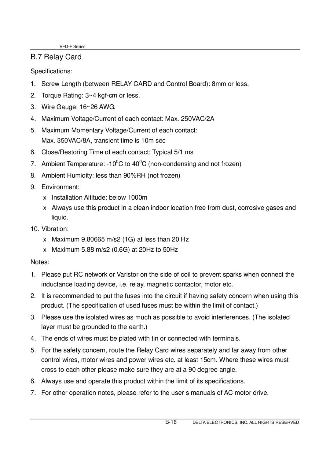Delta Electronics VFD-F Series manual Relay Card, Specifications 