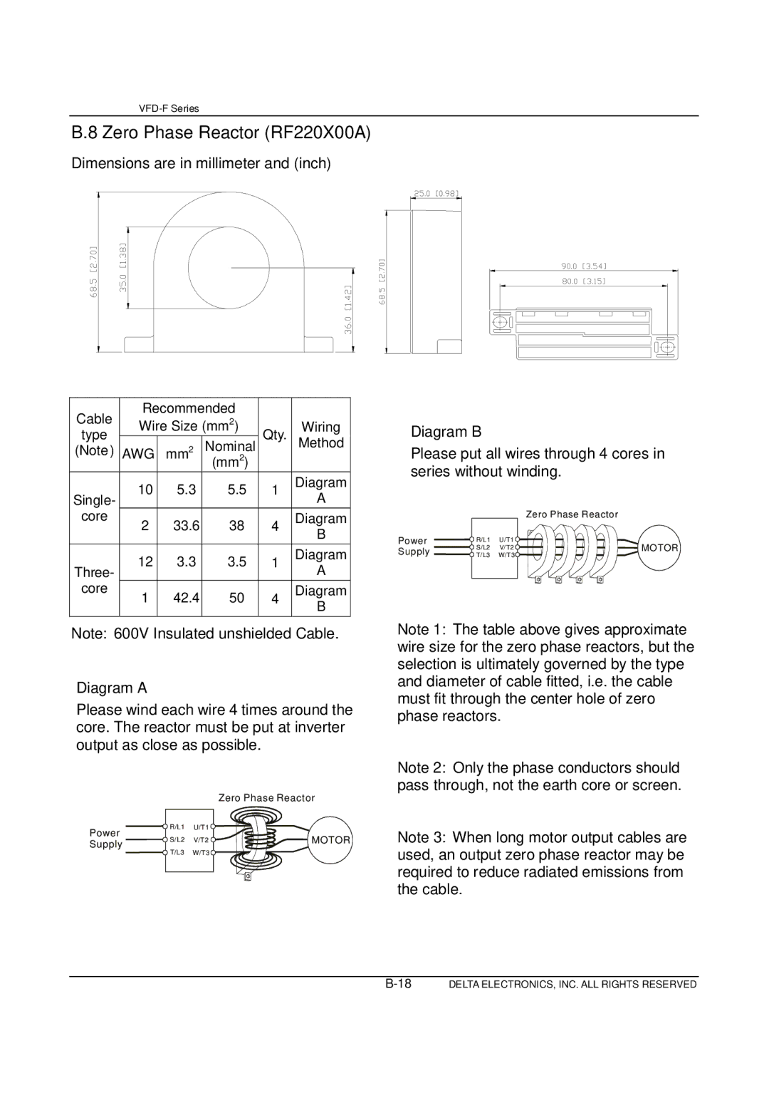 Delta Electronics VFD-F Series manual Zero Phase Reactor RF220X00A, Awg 