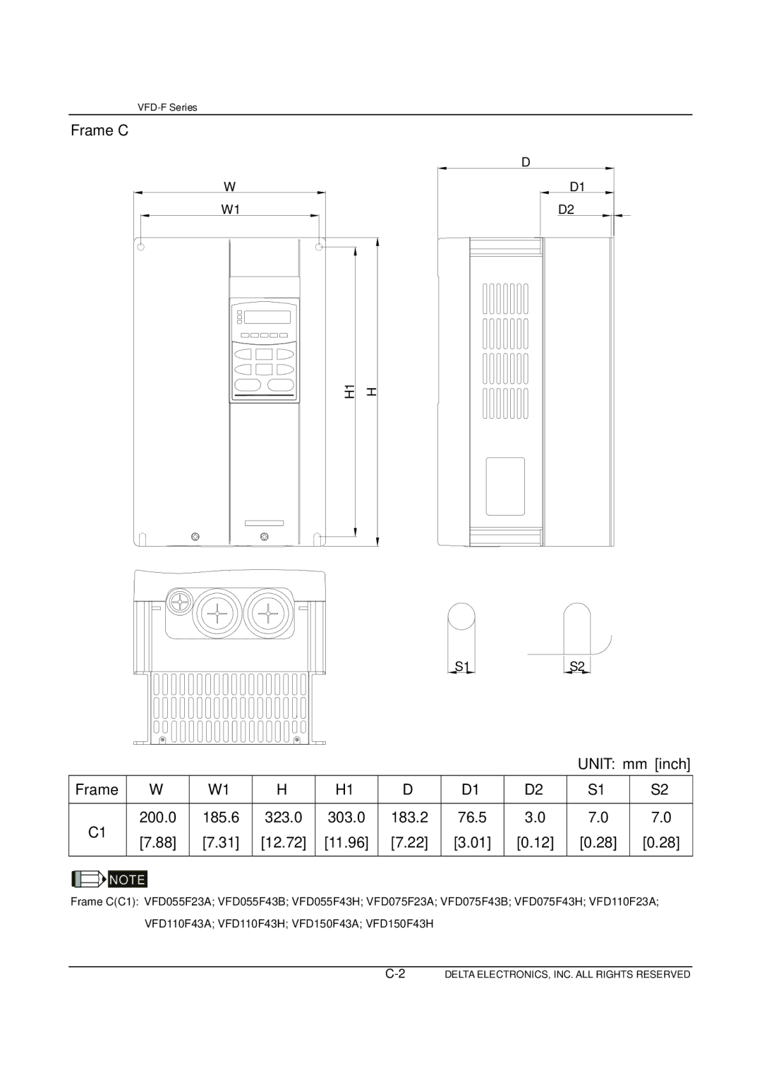 Delta Electronics VFD-F Series manual Frame C, 200.0 185.6 323.0 303.0 183.2 76.5 12.72 