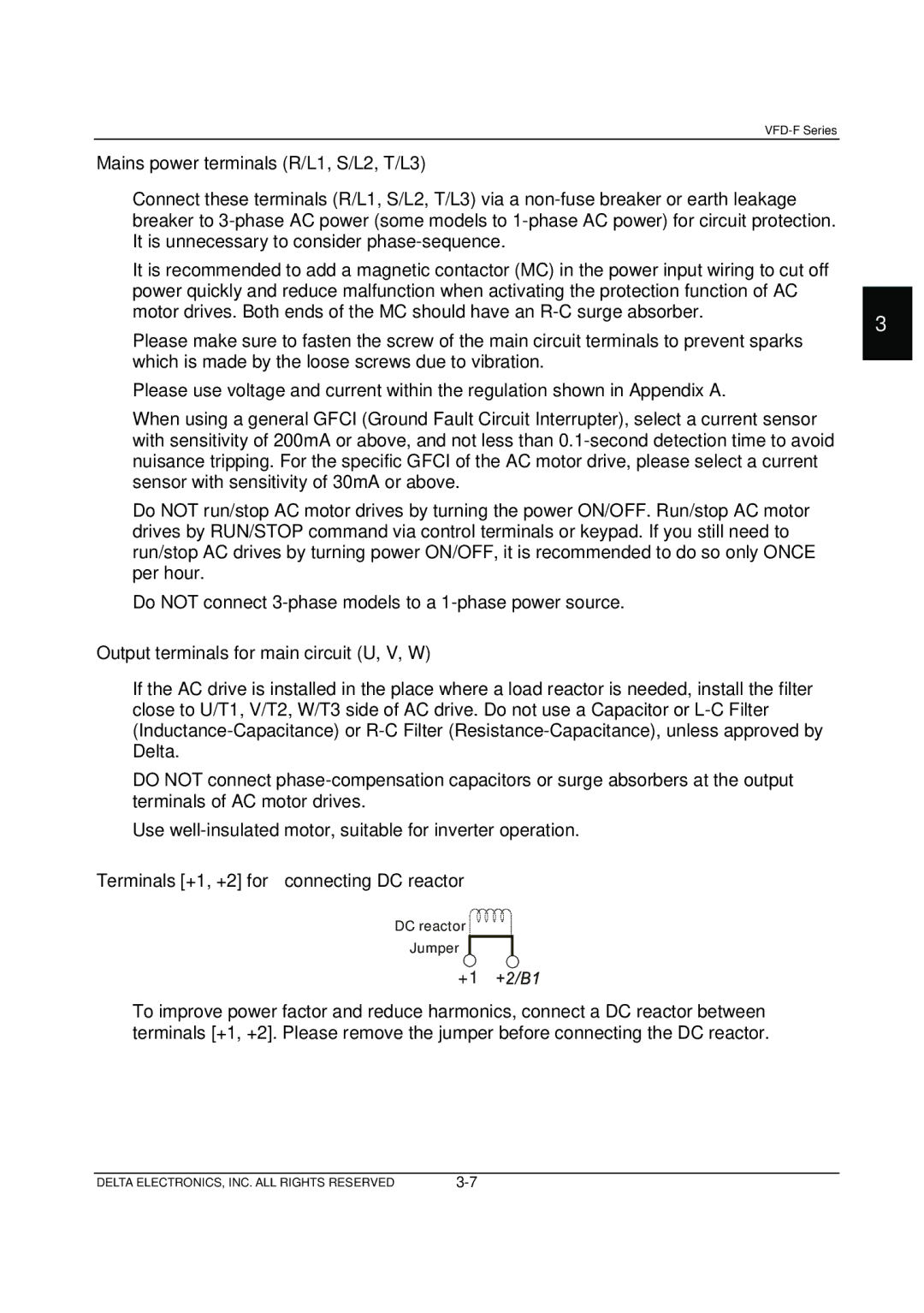 Delta Electronics VFD-F Series manual Mains power terminals R/L1, S/L2, T/L3, Output terminals for main circuit U, V, W 