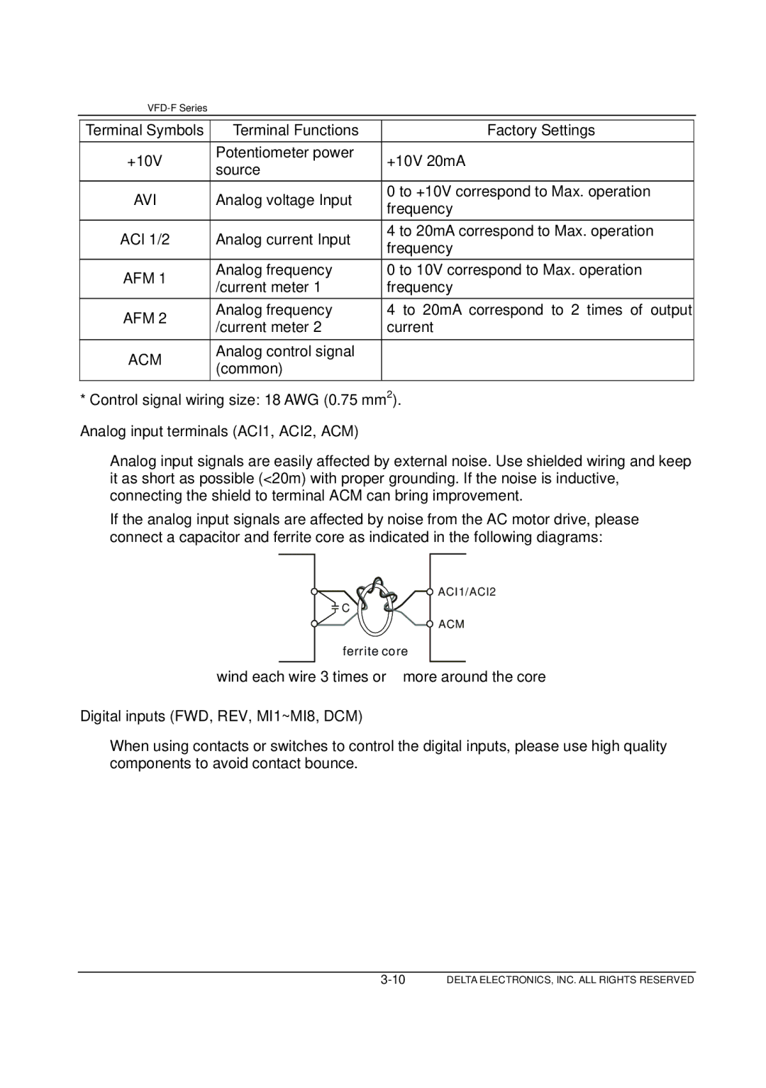 Delta Electronics VFD-F Series manual Avi, Afm, Acm, Analog input terminals ACI1, ACI2, ACM 