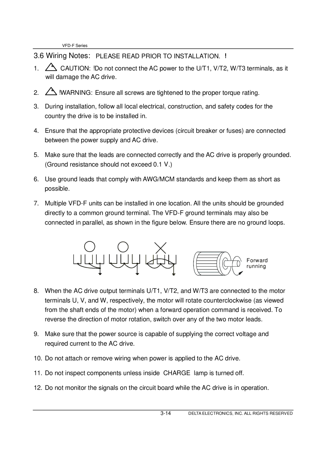 Delta Electronics VFD-F Series manual Wiring Notes Please Read Prior to Installation 