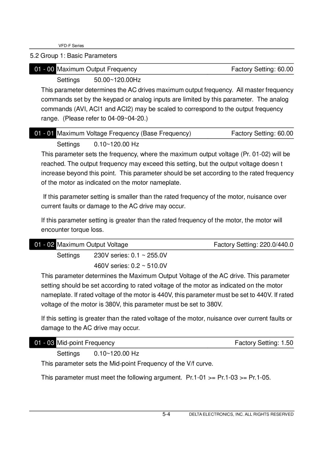 Delta Electronics VFD-F Series manual Group 1 Basic Parameters 