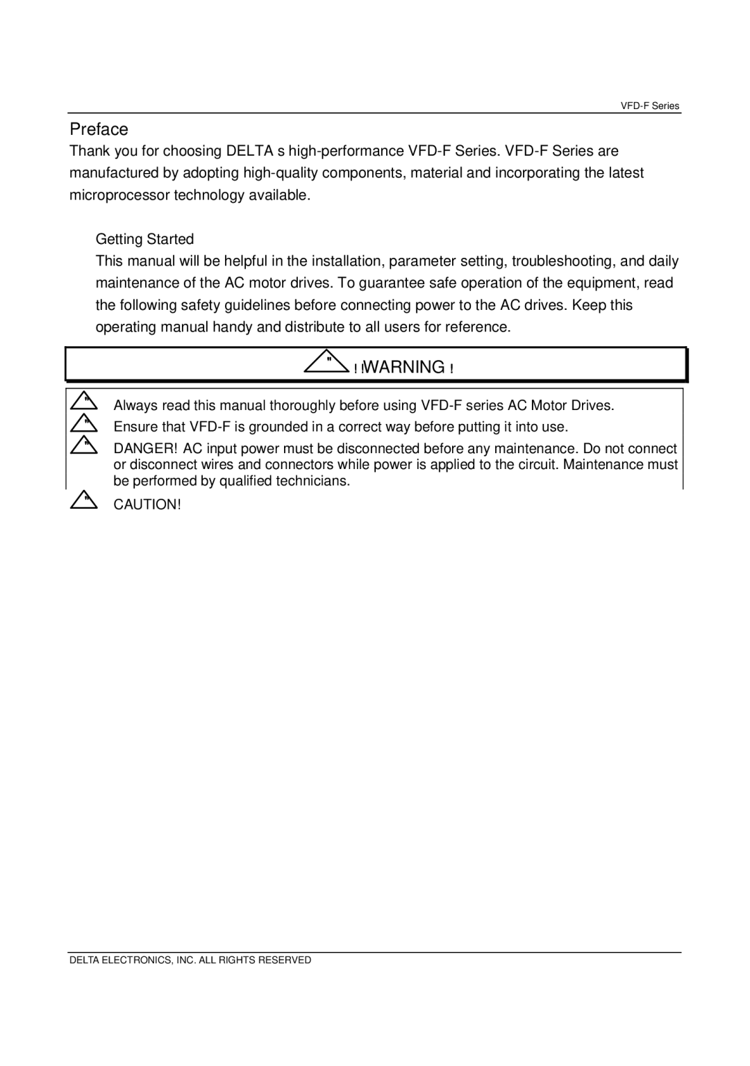 Delta Electronics VFD-F Series manual Preface 