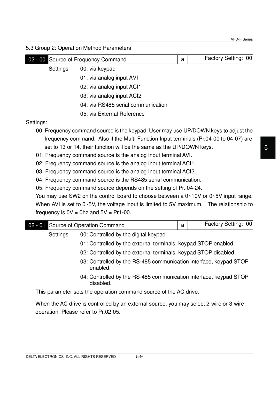 Delta Electronics VFD-F Series manual Group 2 Operation Method Parameters 