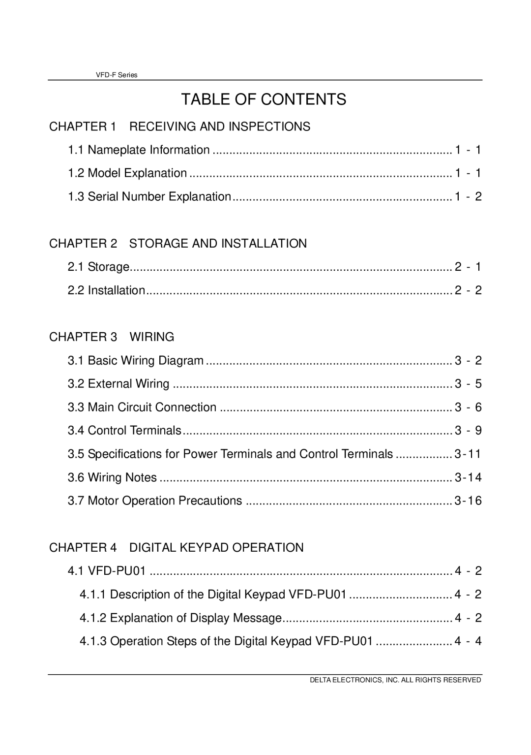 Delta Electronics VFD-F Series manual Table of Contents 