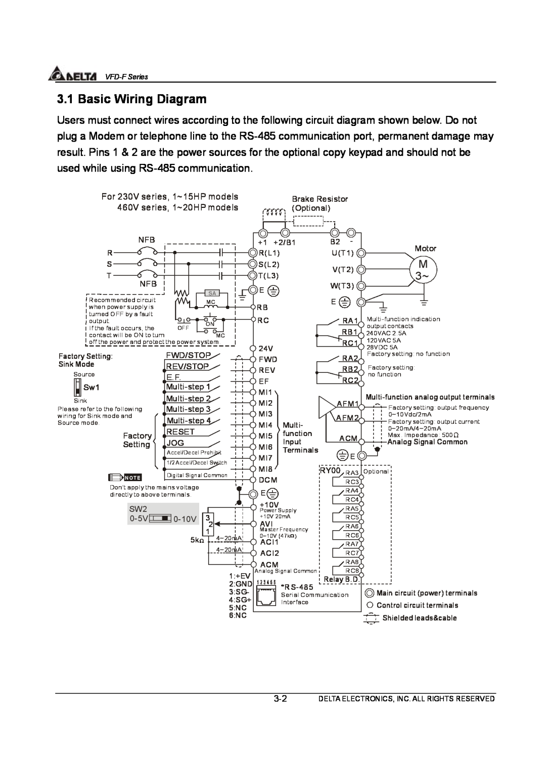 Delta Electronics VFD-F Series Basic Wiring Diagram, Brake Resistor, Optional, +1 +2/B1, Motor, Fwd/Stop, Rev/Stop, AFM1 