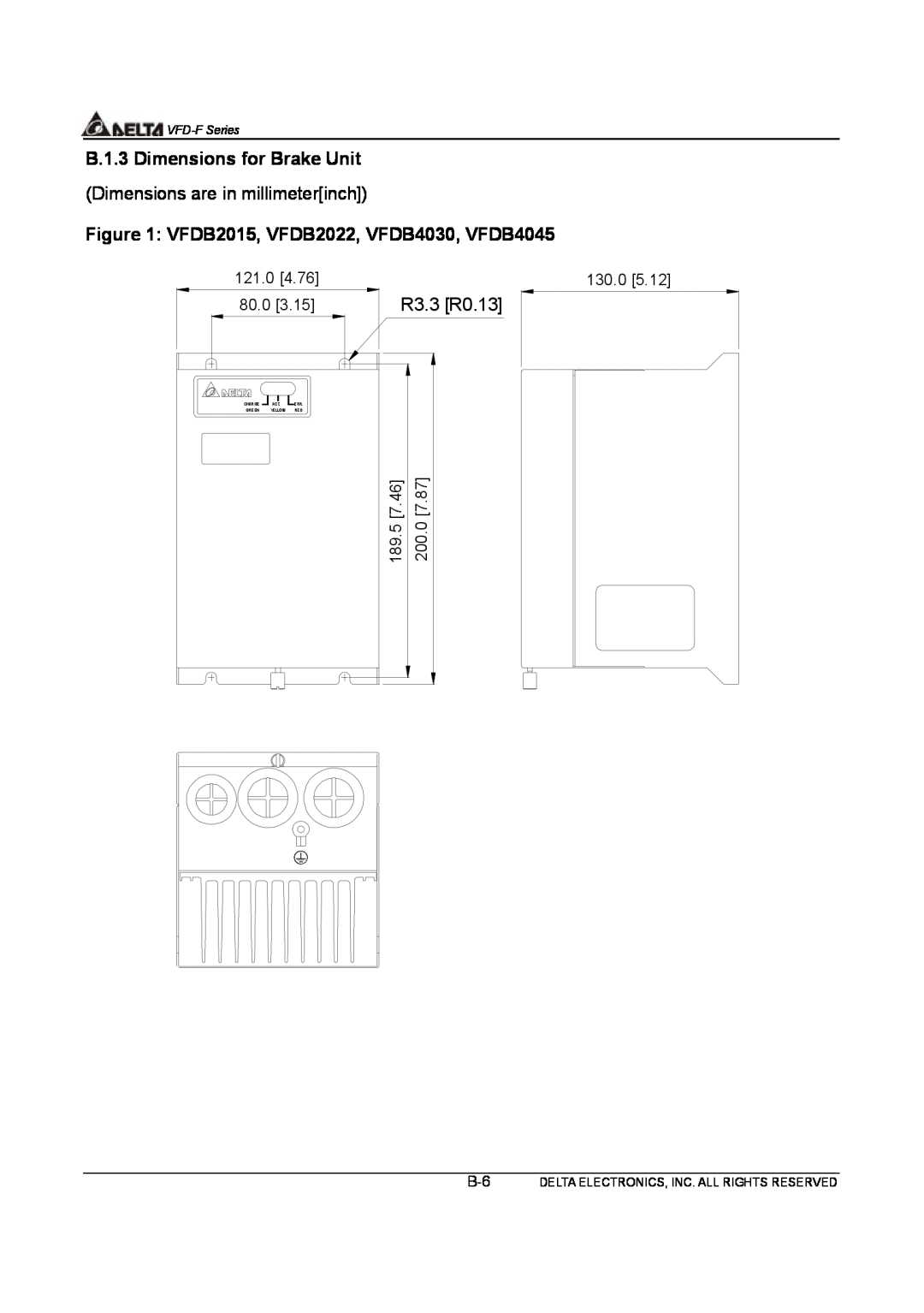 Delta Electronics VFD-F Series manual R3.3 R0.13, B.1.3 Dimensions for Brake Unit, VFDB2015, VFDB2022, VFDB4030, VFDB4045 