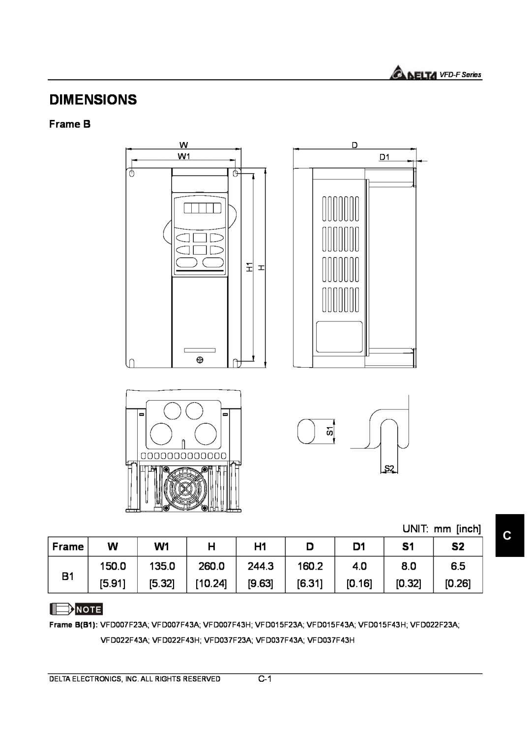 Delta Electronics VFD-F Series manual Dimensions, Frame B 