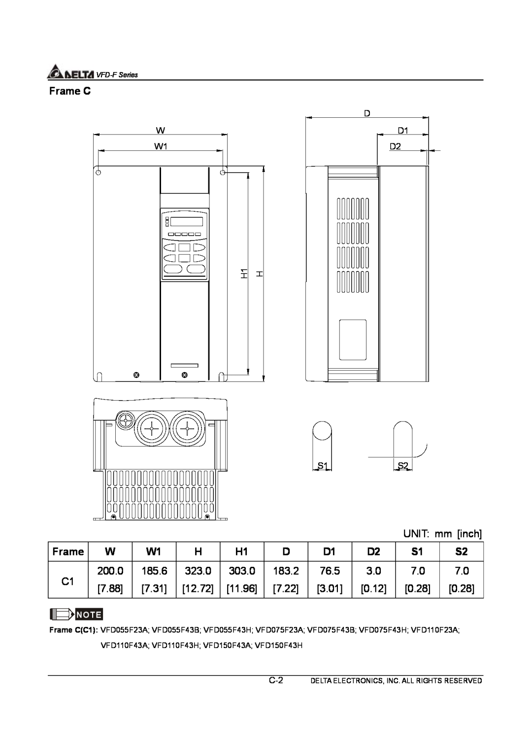 Delta Electronics VFD-F Series manual Frame C, VFD110F43A VFD110F43H VFD150F43A VFD150F43H 