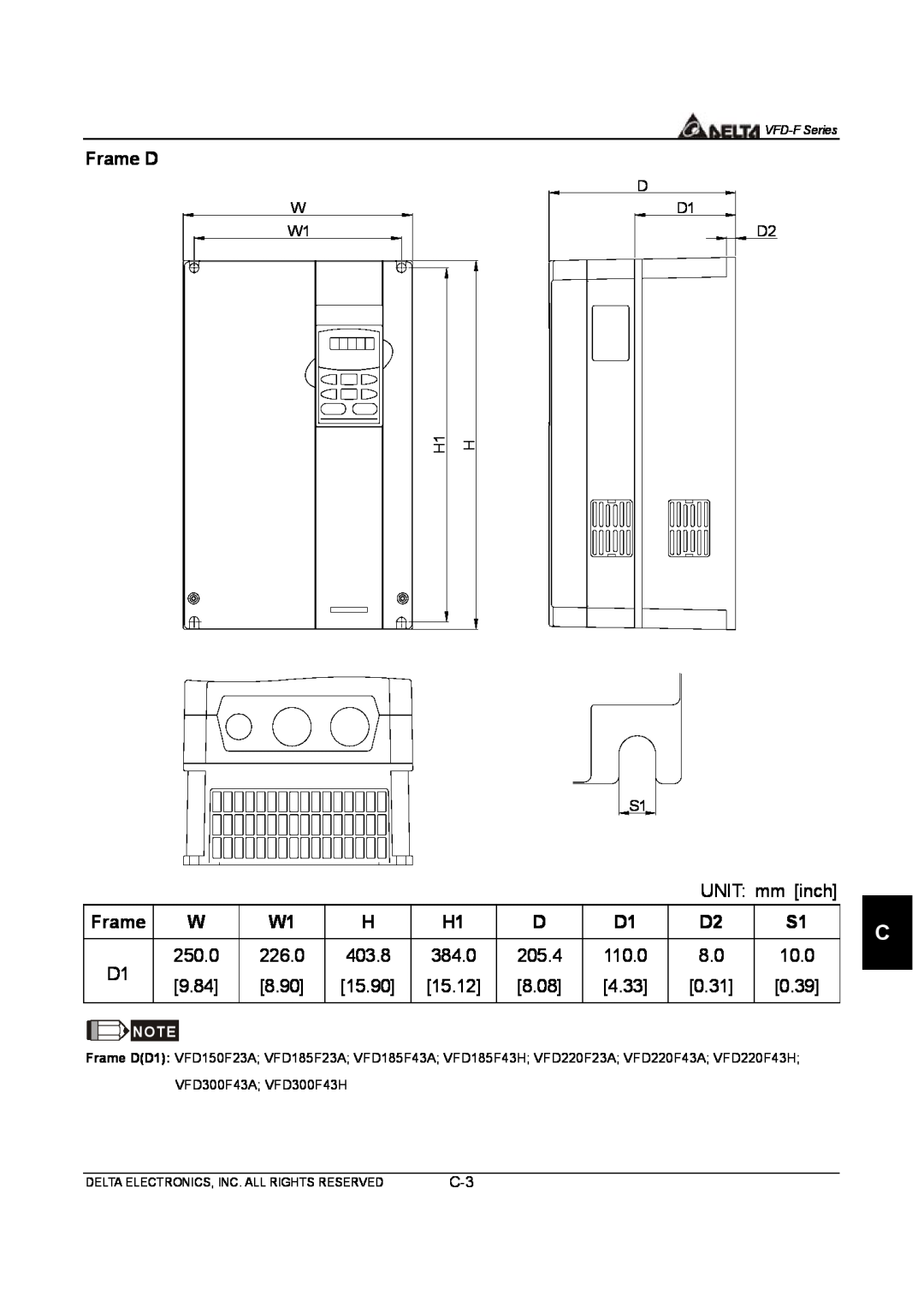 Delta Electronics VFD-F Series manual Frame D, VFD300F43A VFD300F43H 