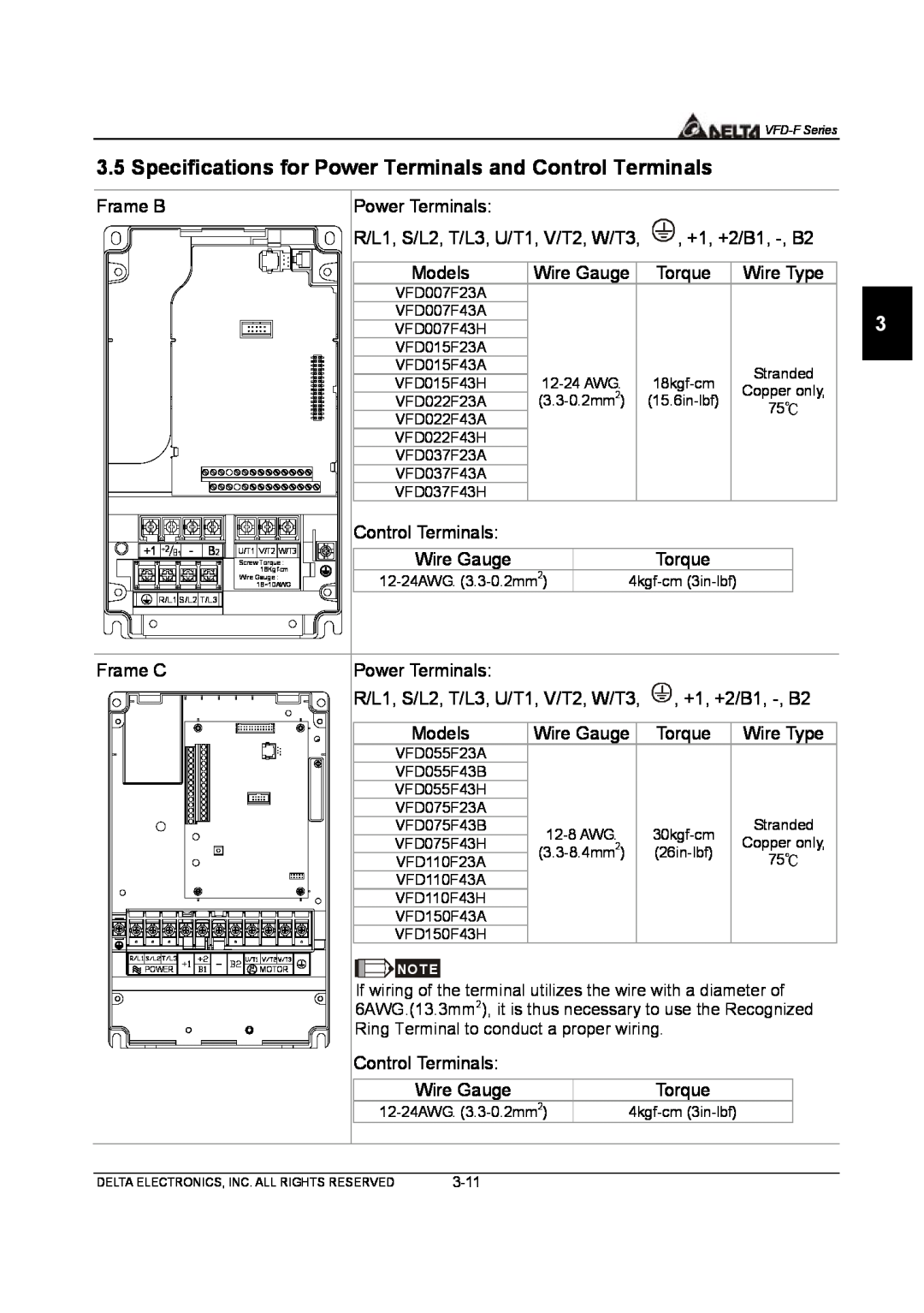 Delta Electronics VFD-F Series manual Specifications for Power Terminals and Control Terminals, R/L1 S/L2 T/L3 