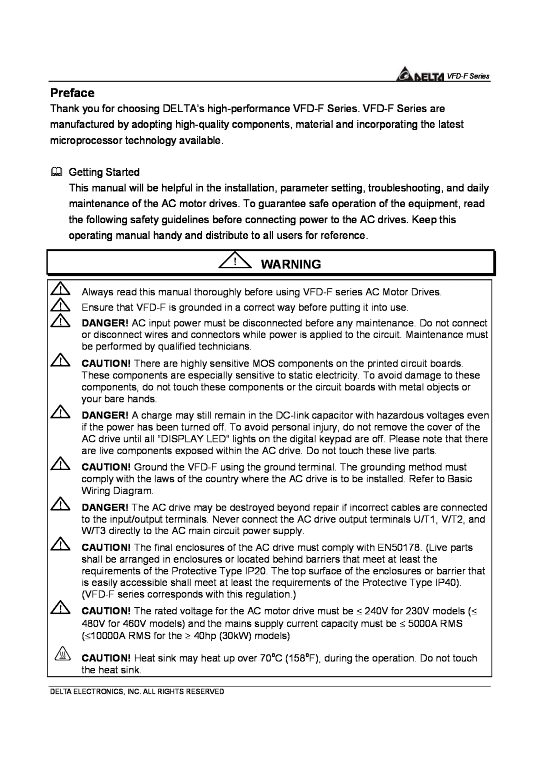 Delta Electronics VFD-F Series manual Preface 