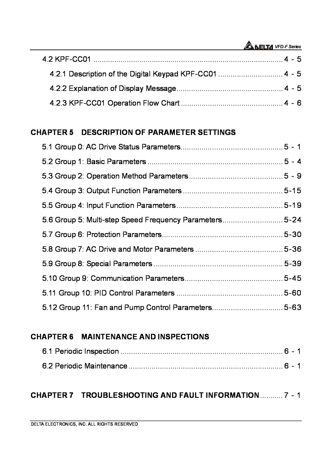 Delta Electronics VFD-F Series manual Description Of Parameter Settings, Maintenance And Inspections 
