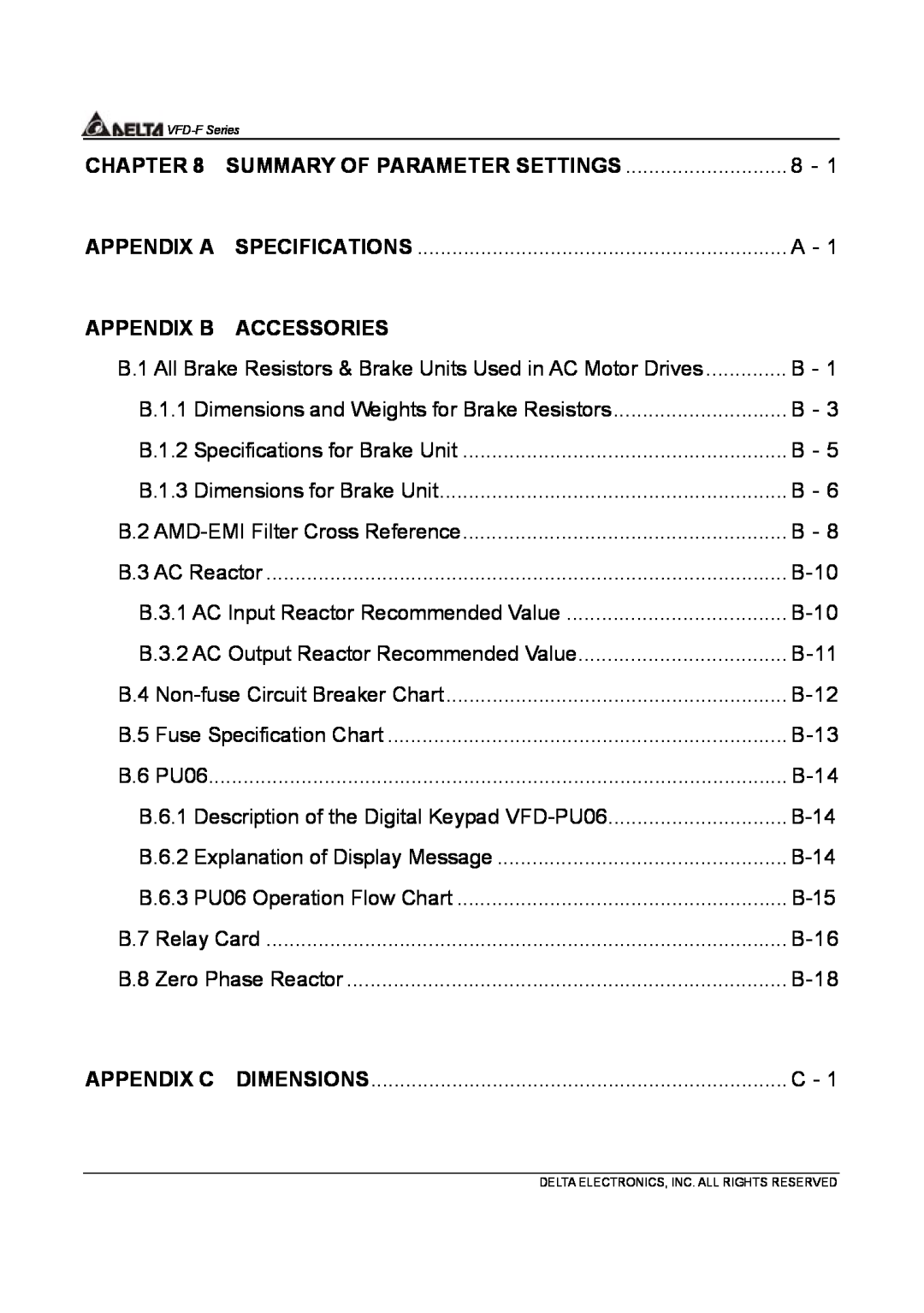 Delta Electronics VFD-F Series manual Summary Of Parameter Settings, Appendix A, Appendix B, Accessories, Appendix C 