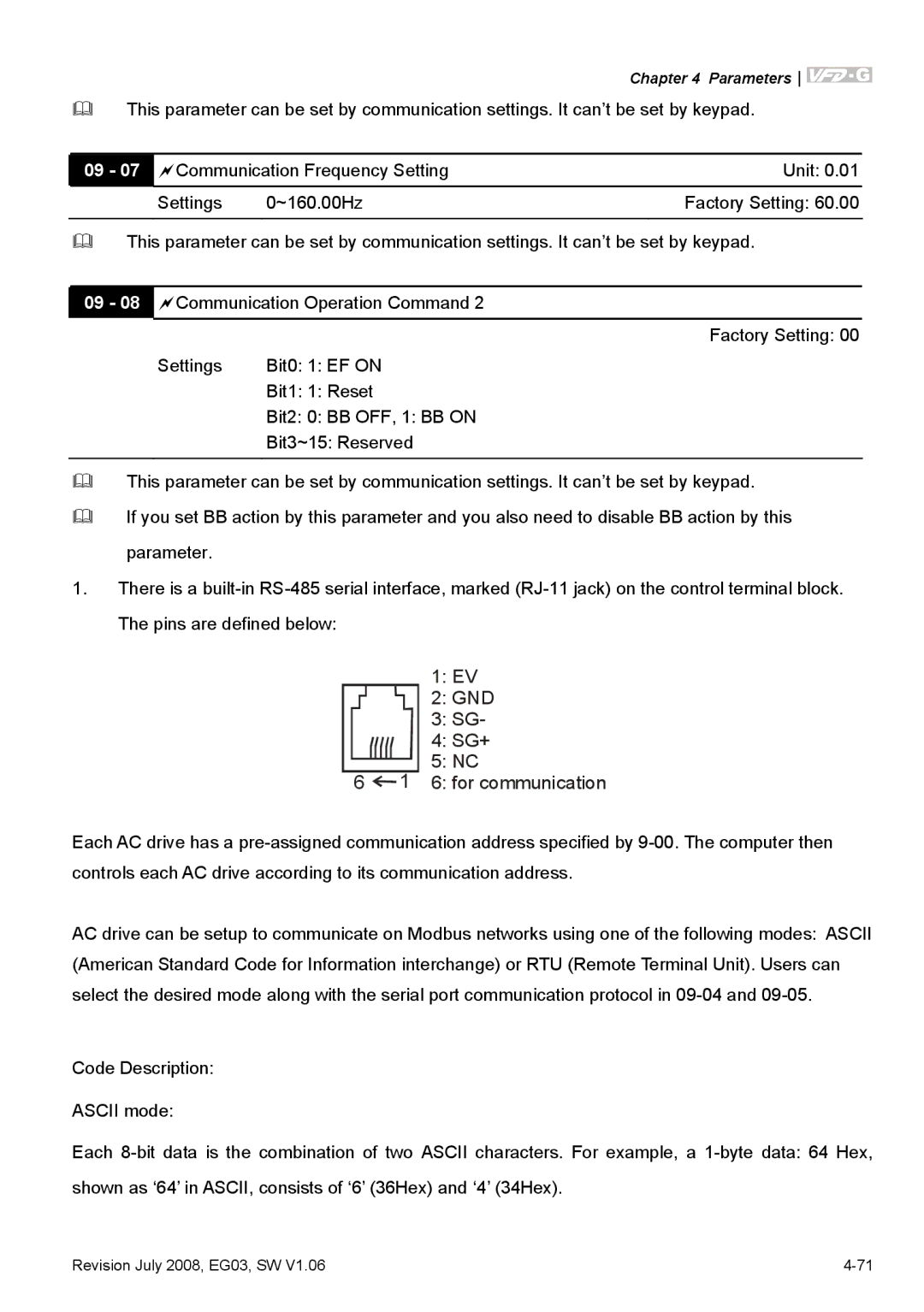 Delta Electronics VFD-G manual GND 3 SG- 4 SG+ 6 for communication 