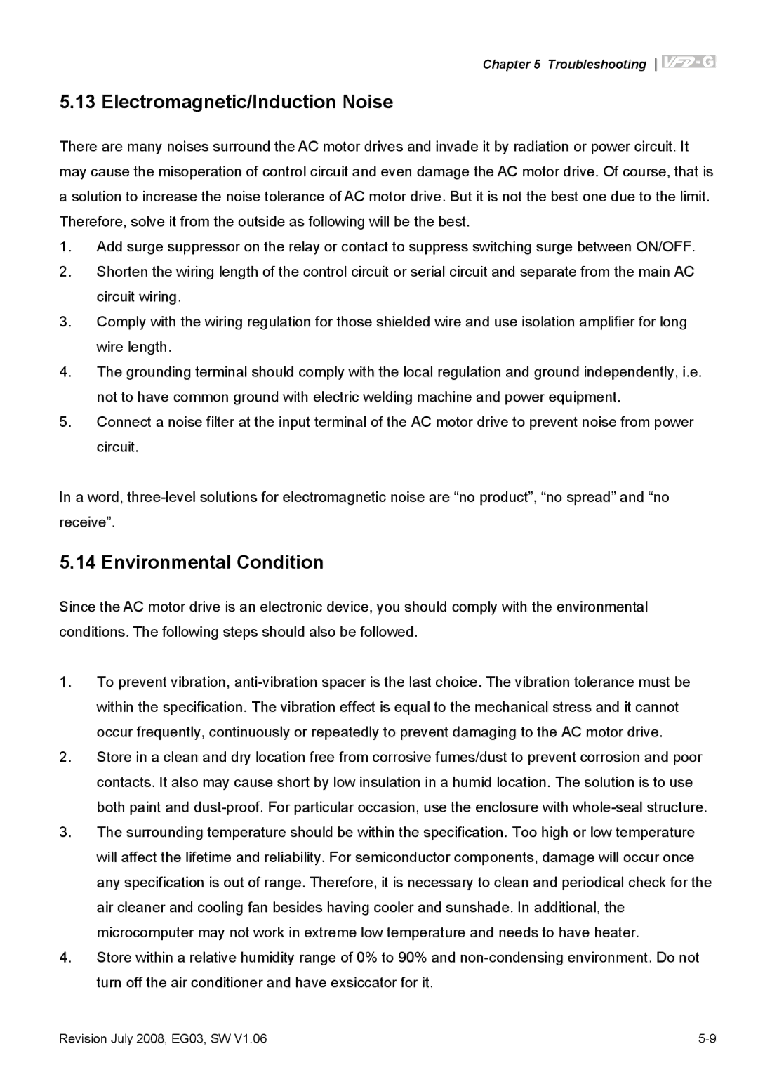 Delta Electronics VFD-G manual Electromagnetic/Induction Noise, Environmental Condition 