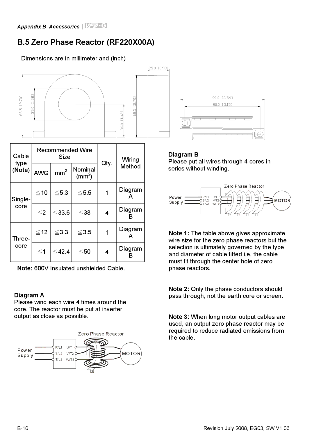 Delta Electronics VFD-G manual Zero Phase Reactor RF220X00A, Diagram a, Diagram B 