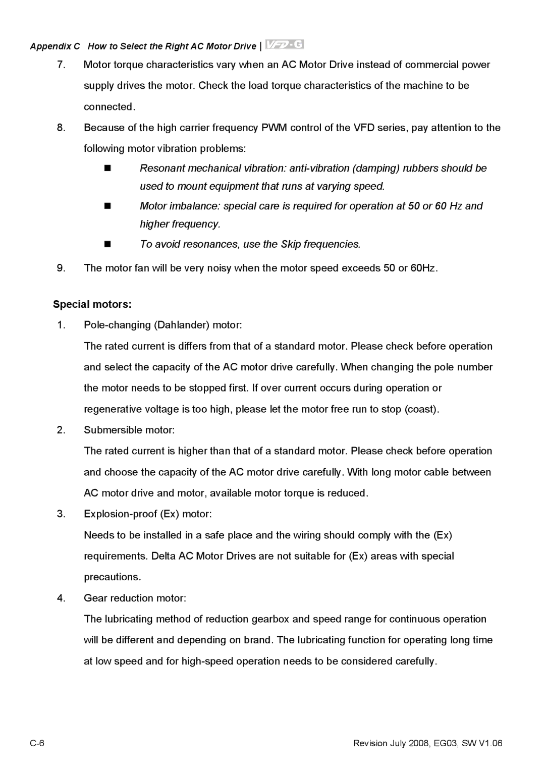 Delta Electronics VFD-G manual Special motors, Pole-changing Dahlander motor 