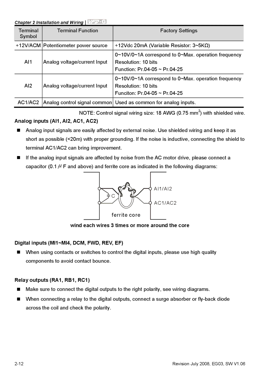 Delta Electronics VFD-G manual Analog inputs AI1, AI2, AC1, AC2, Relay outputs RA1, RB1, RC1 