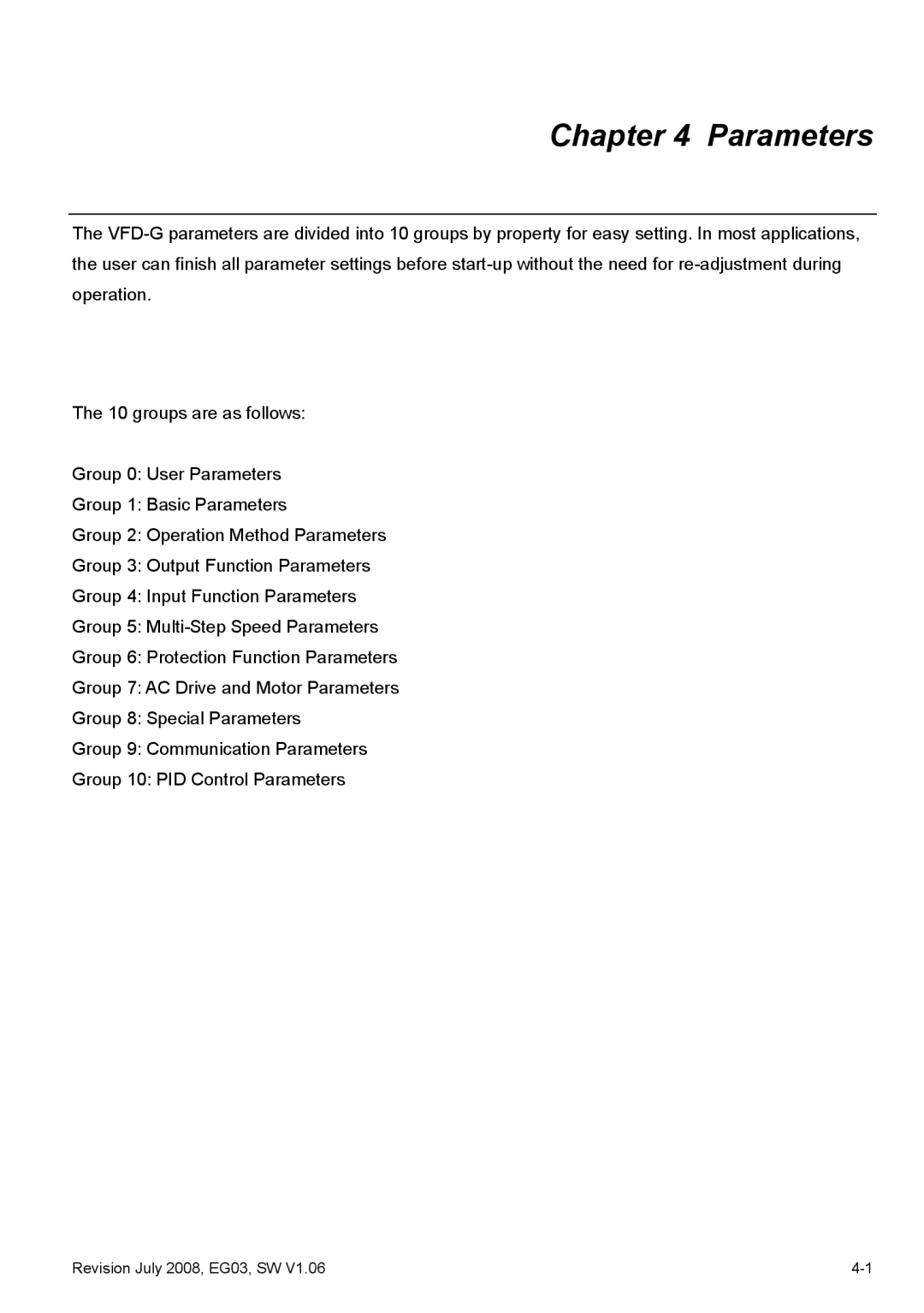 Delta Electronics VFD-G manual Parameters 