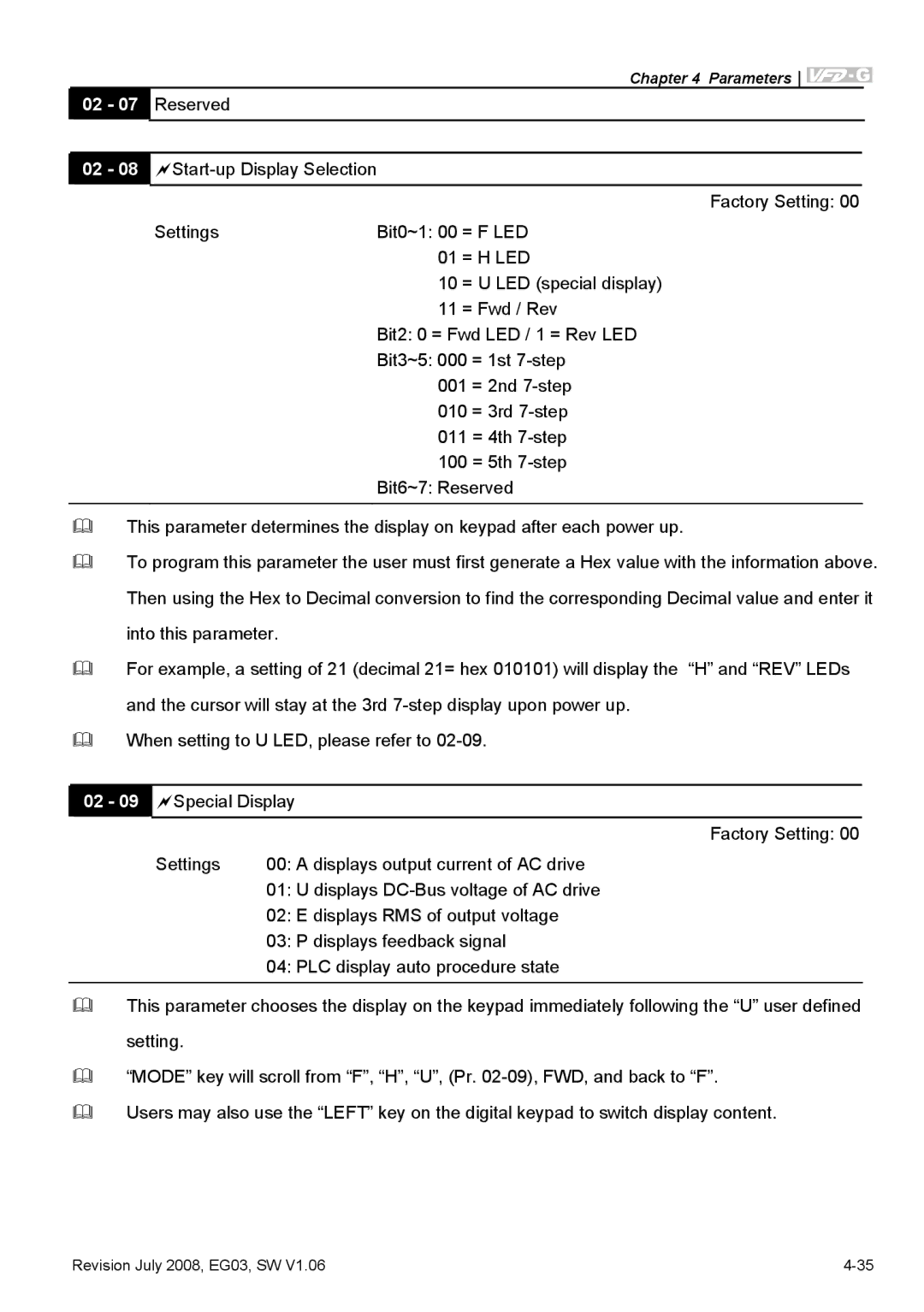 Delta Electronics VFD-G manual 02 07 Reserved 